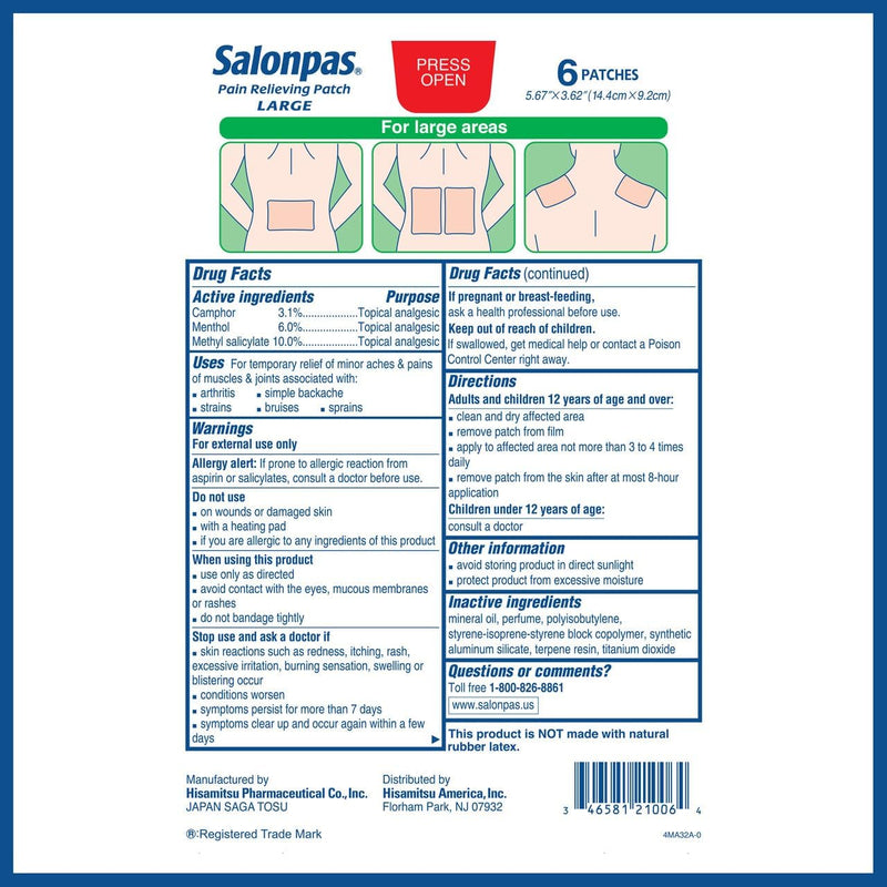 Salonpas, Pain Relieving Patch, LARGE, 6 Count, Pain Relieving Patch for Back Pain, Neck Pain, Shoulder Pain, Knee Pain, Muscle Soreness and Pain, Joint Pain, Up to 8 Hours of Pain Relief