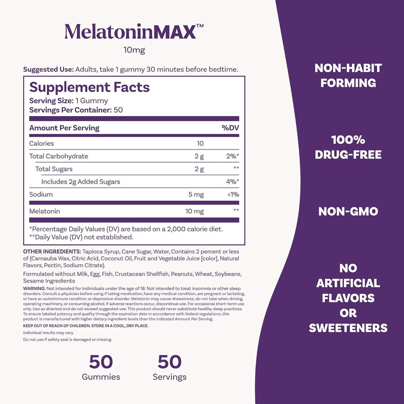 Natrol Melatonin Max 10mg, Blueberry, 100% Drug Free, Vegetarian Friendly, Non-GMO, 50 Gummies