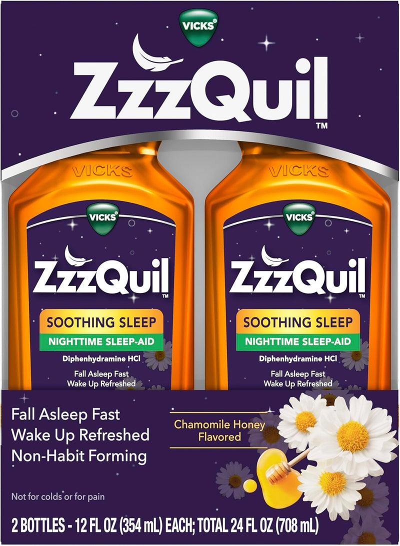 ZzzQuil Liquid Sleep Aid, Soothing Sleep, Diphenhydramine 50mg HCl, Chamomile Honey Flavored, Nighttime Sleep Aid Liquid, Sleep Aids for Adults, 2 Pack, 24 FL OZ