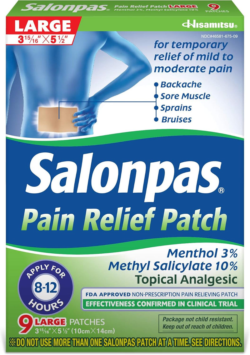 Salonpas Pain Relieving Menthol and Methyl Salicylate Patch - Large - 9 Count - for Back, Neck, Shoulder, Knee Pain and Muscle Soreness - 12 Hour Pain Relief