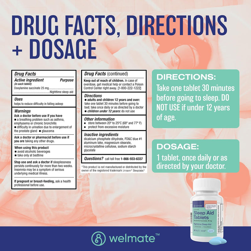 WELMATE Nighttime Sleep Aid 200 Tablets Doxylamine Succinate 25 mg