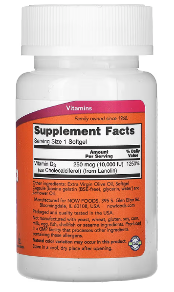 Now Foods Highest Potency Vitamin D-3 10000 IU 120 Softgels Bones Structural