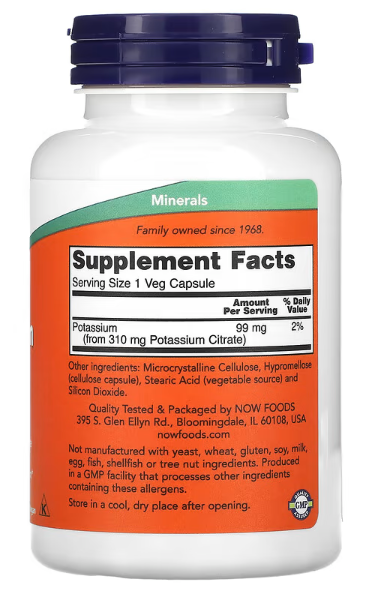 Potassium Citrate NOW Foods 99 mg, 180 Capsules Essential Mineral