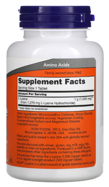 NOW Foods, Double Strength L-Lysine, 1,000 mg, 100 Tablets